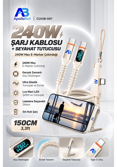 Apollobell Cch28-007 240w Şarj Kablosu + Seyahat Tutucusu