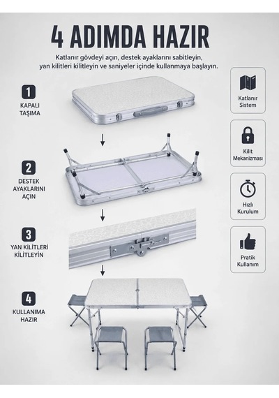 Lb Valiz Tipi Katlanabilir Piknik Masası 4 Tabureli Taşınabilir Kamp Masası Çok Renkli