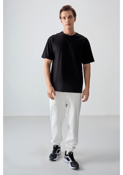 Air Jones Tommy Life Siyah Pamuklu Kalın Yumuşak Dokulu Oversize Fit Basic Erkek T-shirt - 88378 Siyah