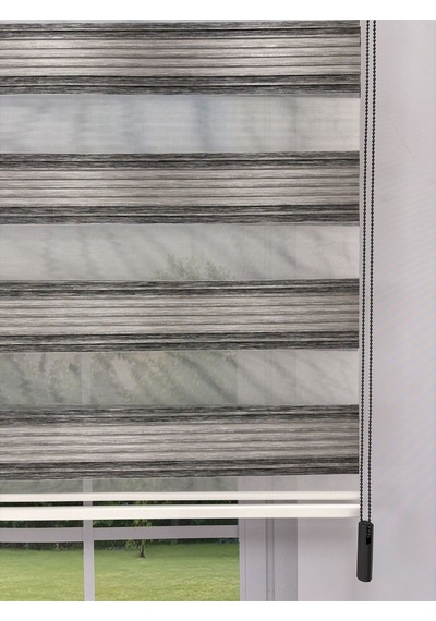 Lora Serisi Çift Katmanlı Zebra Stor Perde Gri Melanj Şeritli, Işık Kontrollü