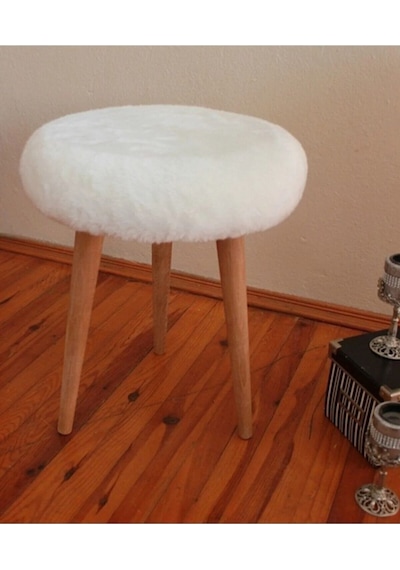 Gürgen Ahşap Retro Ayak Dekoratif Beyaz Peluş Puf Tabure Bench Koltuk Sandalye Beyaz Çam