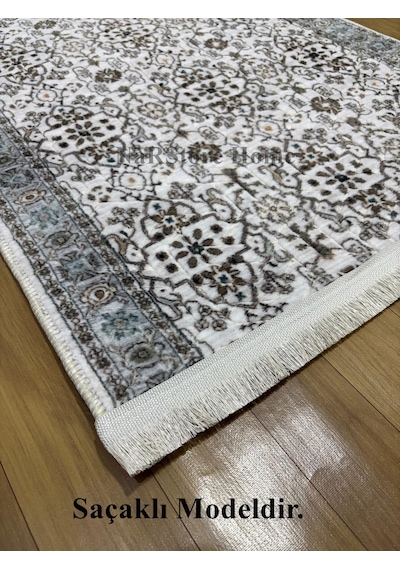 Merinos Çiçekli Otantik Krem Kahve Yeşil Kalın Kaymaz Taban Kesm Saçaklı Yeşil-krem