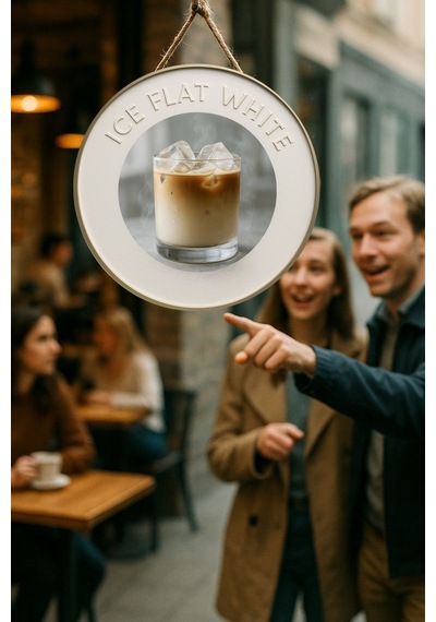 Ice Flat White Temalı Yuvarlak Cafe Tabelası, Jüt İpli Ahşap Duvar & Kapı Dekoru, Barista Süsü