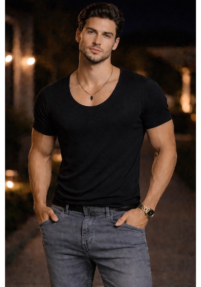 Bybülent Erkek Oval Yaka Tişört Açık Yaka Likralı Slim Fit T-shirt Siyah