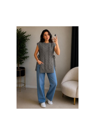 Hira Life Fashion Kadın Bisiklet Yaka Yanları Açık Bağcıklı Oversize Triko Süveter Gri Gri