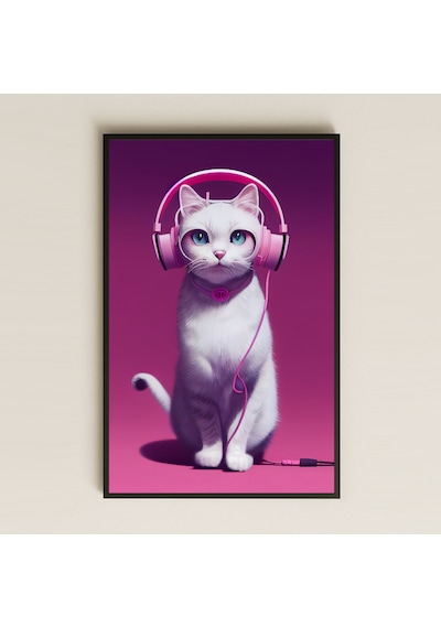 Kulaklıklı Beyaz Kedi Dijital Sanat Pleksi Tablo