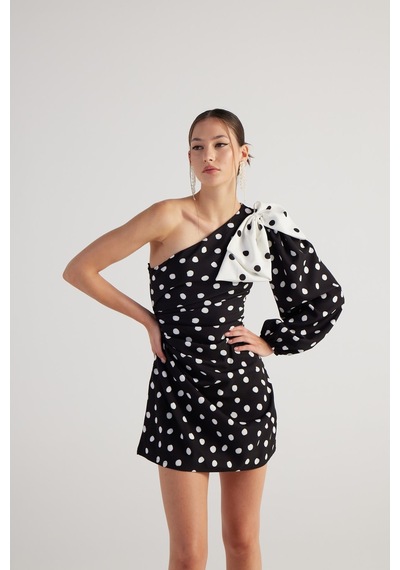 Holly Lolly Puantiyeli Çıkarılabilir Kurdele Aksesuarlı Tek Kollu Mini Polka Elbise Siyah