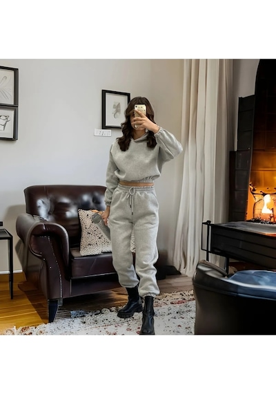 Fifty Color Crop Takım Kapüşonlu Üç Iplik Kalın Polarlı Eşofman Takımı- Gri