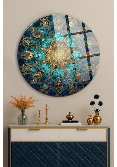 Turkuaz Zümrüt Mozaik Mandala Altın İşlemeli Cam Tablo Modern Sanat Tablosu Uv Baskılı Canlı Renkler Kafe Ve Ofis İçin Anlamlı Hediye Seçeneği