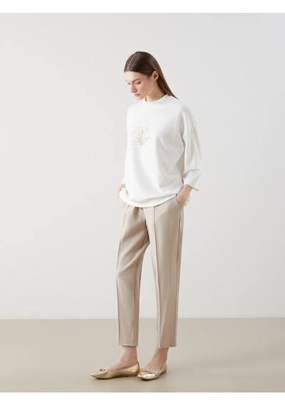 Lcw Modest Beyaz Bisiklet Yaka Nakışlı Oversize Kadın Sweatshirt Tunik