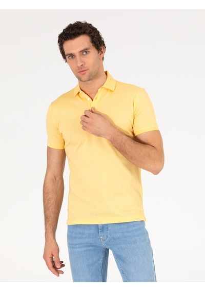 Açık Sarı Polo Yaka Slim Fit Basic Merserize T-shirt Sari