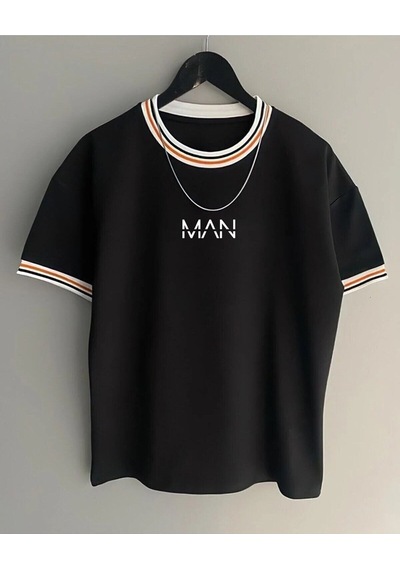 Hırsch Unisex Siyah Oversize Yaka Kol Detaylı Man Baskılı T-shirt SIYAH