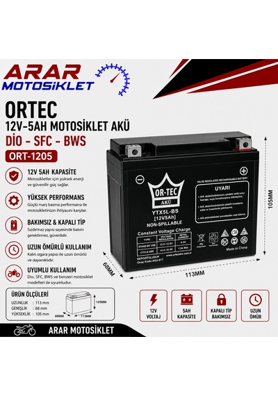 Ytx5a-bs/12v-5ah Motosiklet Yatık Akü Dio-sfc-bws Ortec 1 Adet