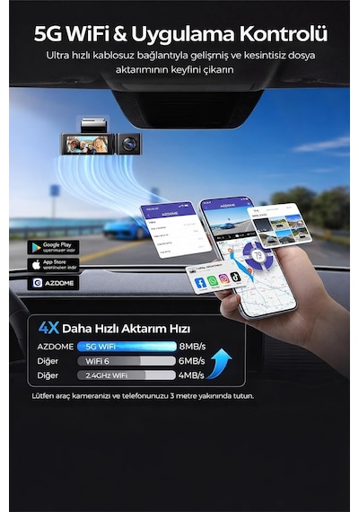 M550 Pro 3 Kameralı 150 Derece Görüş Açışı 4k Ultra Hd Gece Görüşlü Wifi Araç İçi Kamera