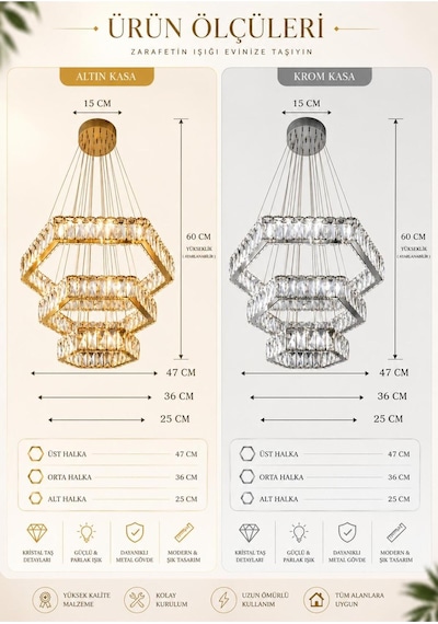 Kristal Taşlı Led Avize Modern Lüks Sarkıt 3 Renk Kumandalı Altıgen Salon Villa Avizesi Altın