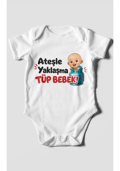 Morivokids Ateşle Yaklaşma Tüp Bebek Kısa Kollu Bebek Body %100 Pamuk Beyaz