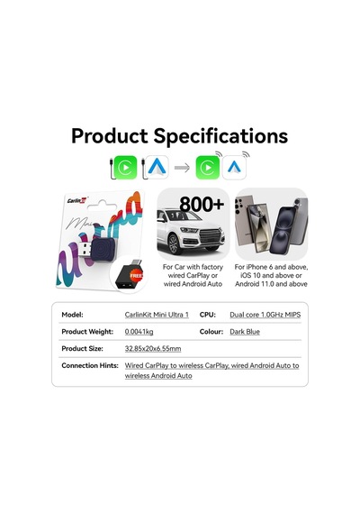 Mını Ultra1 Kablosuz Carplay Ve Android Otomatik Adaptör Kompakt Tak Ve Çalıştır Tasarımı Oem Arabalar İçin Kablolu Kablosuza Dönüştürür Usb-a/tip-c