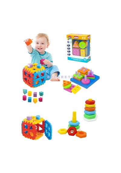 Eğitici Geometrik Şekiller Bulmaca + Eğitici Bultak Küp + Eğitici Halkalar Zeka Geliştirici Set