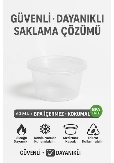 60 Ml Kendinden Kapaklı Şeffaf Sosluk Sızdırmaz, Sıcağa Dayanıklı, Tekrar Kullanılabilir 50 Li Set Diğer