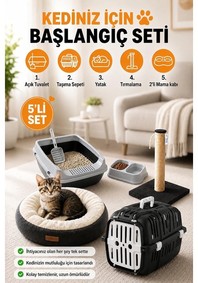 Premium Kedi Başlangıç Seti - Açık Kedi Tuvaleti, Taşıma Sepeti, Peluş Simit Yatak, Tırmalama Tahtası, İkili Mama Kabı, Kürek - At8