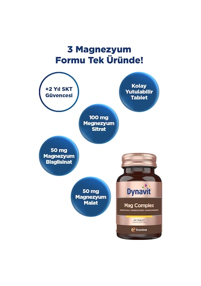 Dynavit Mag Complex 60 Tablet 200mg Magnezyum Kompleks 3lü Form Malat-sitrat-bisglisinat -kas&kemik&enerji