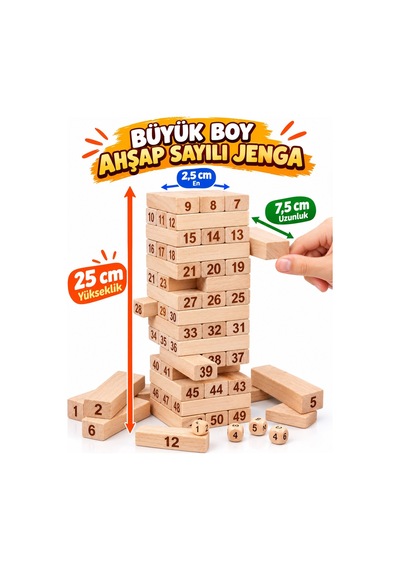 Denge Oyunu Jenga Büyük Boy 51parça Eğitici Zeka Oyunu Numaralı Jenga Oyunu Çocuklar Ahşap Oyuncak