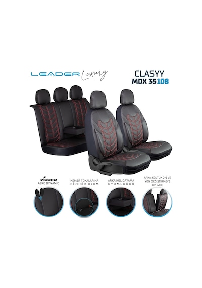 Seat Leon Reference Uyumlu Lüx Deri Oto Koltuk Kılıfı Ön Arka Takım Classy Serisi Kırmızı Siyah