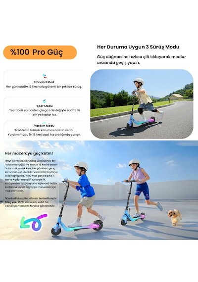 K100 Plus Ayarlanabilir Gidonlu Çocuk Elektrikli Scooter 160w Güç 11 Km Menzil Mavi