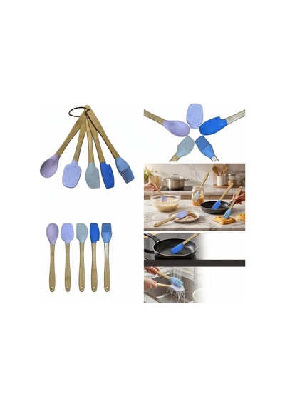 Tr Silikon Kaşık Seti, Bambu Saplı, Mavi Ve Mor Renkli, 5 Parça, Spatula Ve Fırça Dahil Diğer