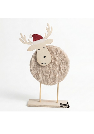 Sevimli Ahşap & Peluş Yılbaşı Geyiği Figürü - Noel Şapkalı Dekor Ahşap
