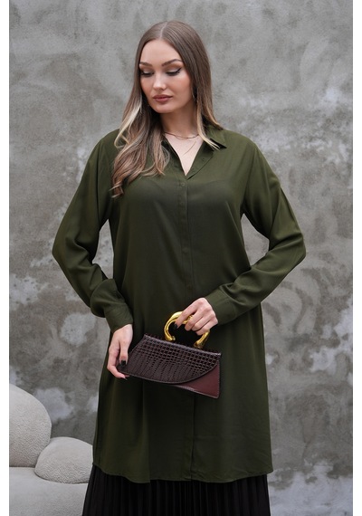 Polologin Butik Dökümlü Haki Yeşil Tunik Haki