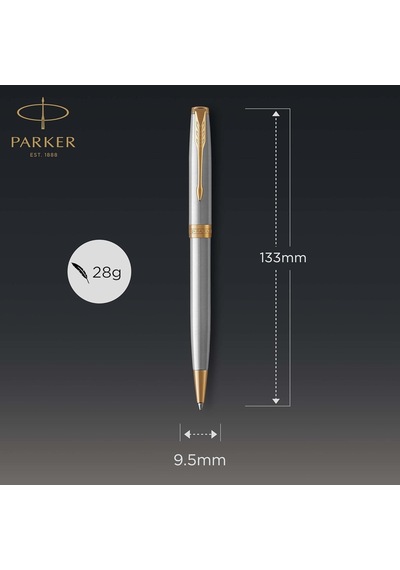 Parker Sonnet Paslanmaz Çelik Altın Tasarımlı Tükenmez Kalem, Orta Kalınlıkta Uç, Mavi Mürekkep Genel