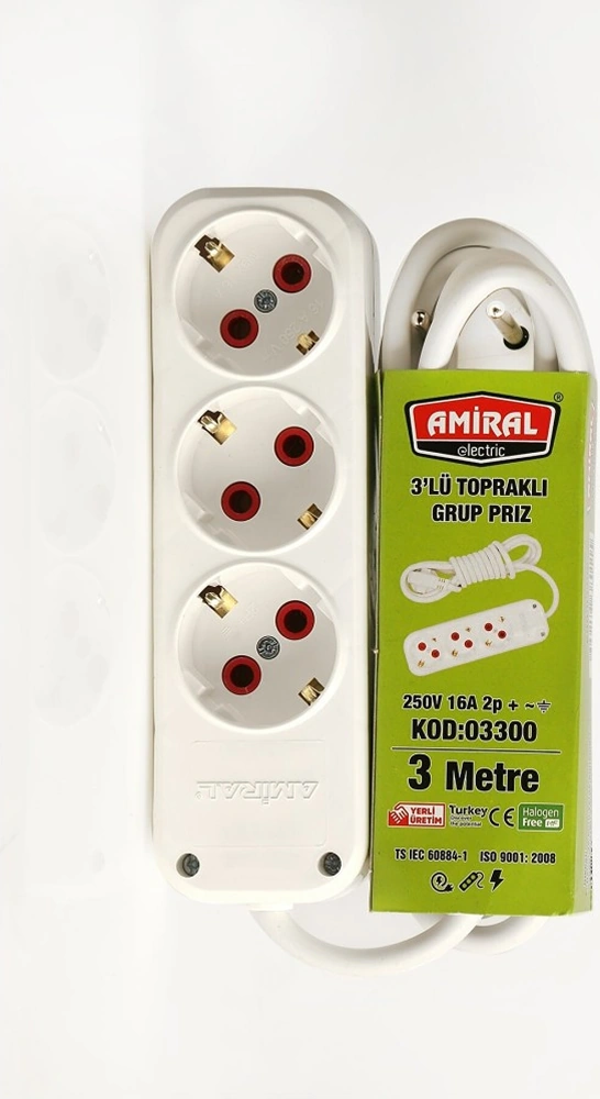 3 Lü Topraklı 3 Metre Kablolu Grup Priz Tdrtr