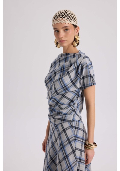 Mai Collection Petunya Ekoseli Mavi Crop Etek Takım mavi