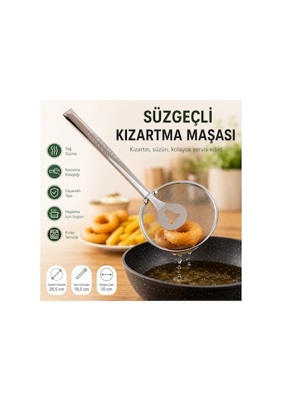 Süzgeçli Kızartma Maşası 28,5 Cm Yağ Süzgeci Tel Kevgir Kızartma Kepçesi 10 Cm Diğer