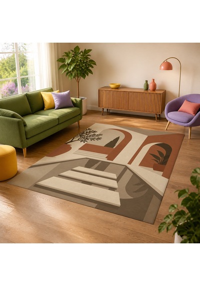 Kartela Halı Avlu Mimari Desenli Modern Halı Bej Kaymaz Taban Makinede Yıkanabilir 180x270 Cm
