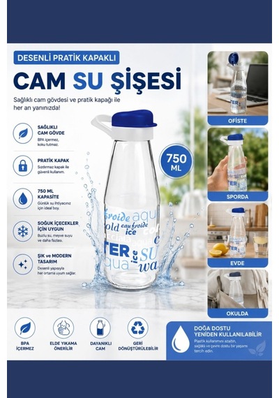 750 Ml Pratik Kapaklı Cam Su Şişesi, Desenli Buzdolabı Başucu Okul Spor Suluk Ve Matara Şeffaf