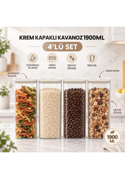 Tr 4'lü 1900 Ml Krem Kapaklı Cam Kavanoz Sızdırmaz Saklama Seti Genel