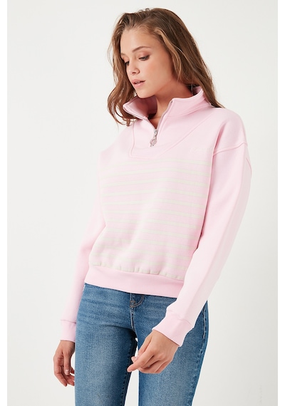Lela Streç Oversize Fit Yarım Fermuarlı Dik Yaka Bayan Sweat 5865883 Şeker Pembe