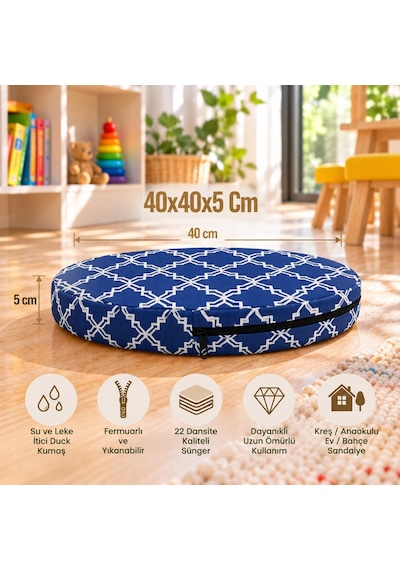 Kreş Anaokulu Yuvarlak Oyun Minderi Aktivite Minderi 40x40x5 Cm - Sandalye Minderi - Bahçe Dekor Minderi Yuvarlak Minder Mavi - Beyaz