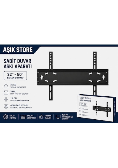 Sabit Tv Askı Aparatı 32-50 İnç Universal Tv Duvar Askısı Vesa 400x400 35 Kg Lcd Led Oled Qled Metal Gövde