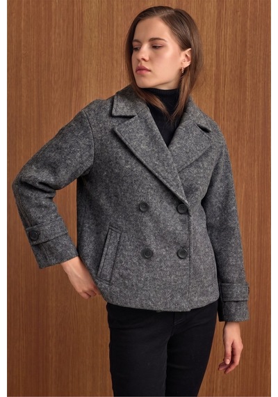 Olcay Ceket Yaka Oversize Kısa Kaban Koyu Gri 3204