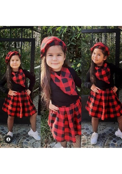 Quzucuk Kids Kız Çocuk Kırmızı Ekoseli Şapkalı Takım Çok Renkli