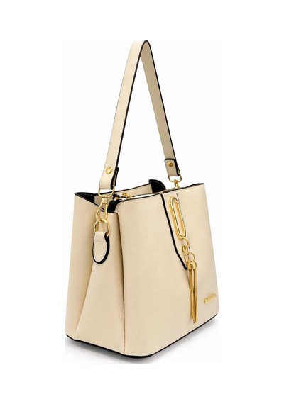 Vıatox Sedef Çanta Ss 1438 Gold Detaylı 3 Bölmeli Omuz Ve Çapraz Çanta Krem