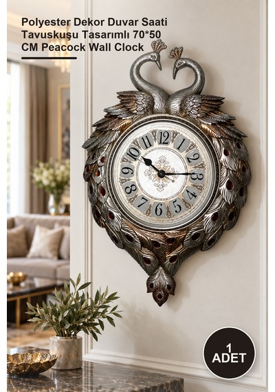 1 Adet Duvara Asmalı Tavuskuşu Saat Polyester Dekor Duvar Saati Tavuskuşu Tasarımlı 70 50 Cm Peacock Wall Clock Diğer