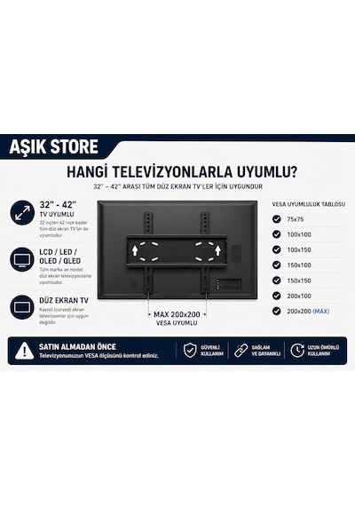 Sabit Tv Askı Aparatı 32-42 İnç Universal Tv Duvar Askısı Vesa 200x200 25 Kg Lcd Led Oled Qled Metal Gövde
