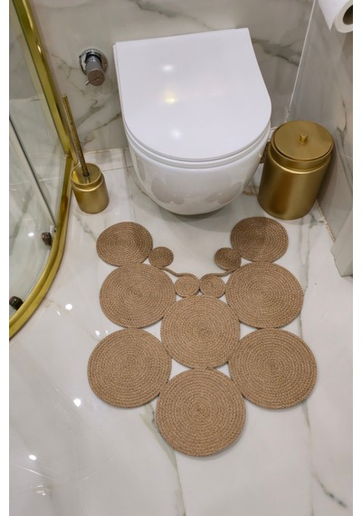 El Yapımı Bohem Jüt, Hasır, Paspas, Banyo Paspası, Klozet Önü Paspası, Klozet Paspas, Çift Taraflı Bej