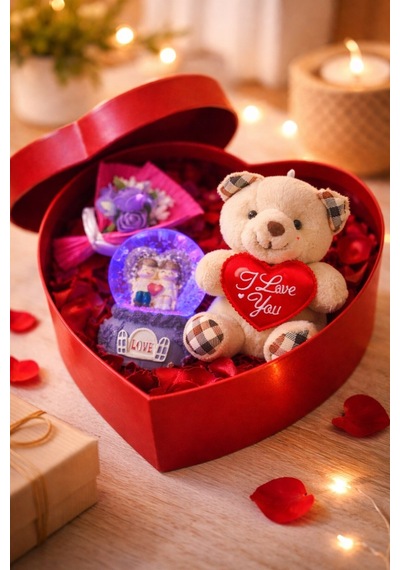 Sevgiliye Romantik Hediye Kutusu Işıklı Kalp Mor Kar Küresi Peluş Ayıcık Ve Gül Buketi Hediye Seti02 Çok Renkli