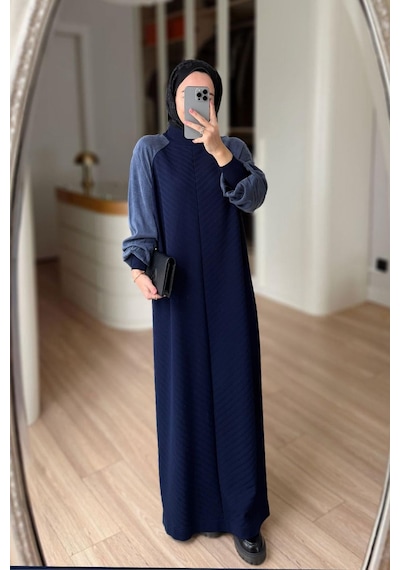 Kahijab Kendinden Desenli Yarım Balıkçı Merserize Elbise - Lacivert