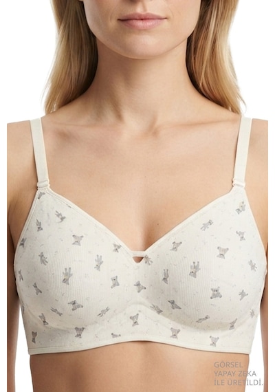 Cottonill Seamless Bra - Mireva Krem Lazer Kesim Rib Dokulu Ayıcık Desenli Balensiz Kadın Sütyen